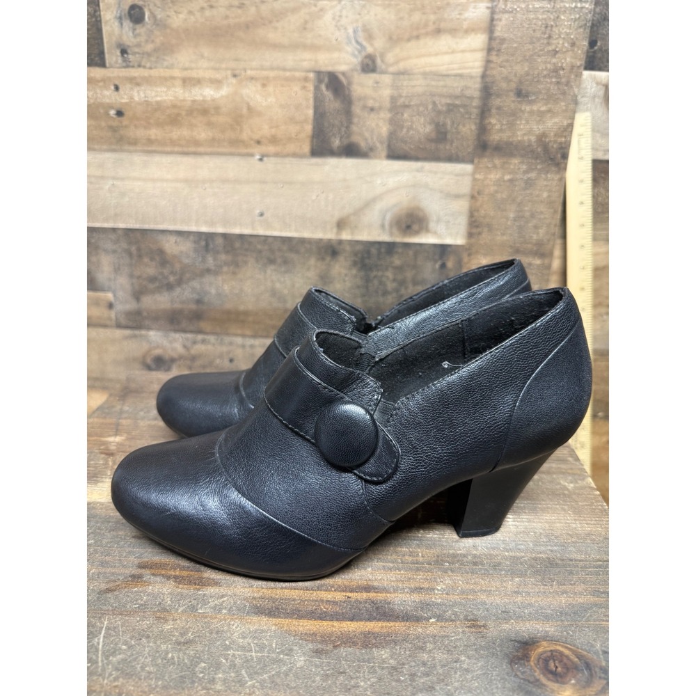 Clarks Bendables Black Leather Button Shooties‎ Blocky Heel Pumps Womens 10M